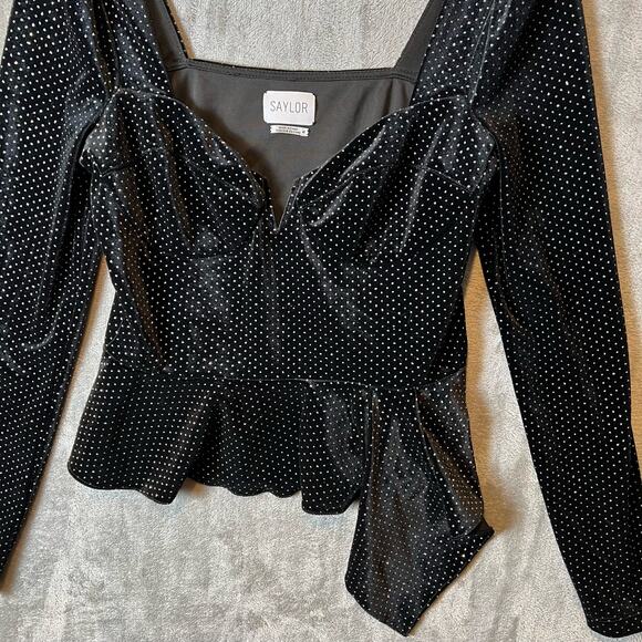 Saylor size Medium Black Velvet Elsa Peplum Top - Picture 3 of 6